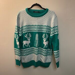 Christmas Green and White Reindeer Sweater Size Large